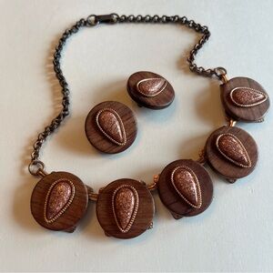 Elegant Vintage Copper, Wood, & Goldstone Necklace & Earring Set